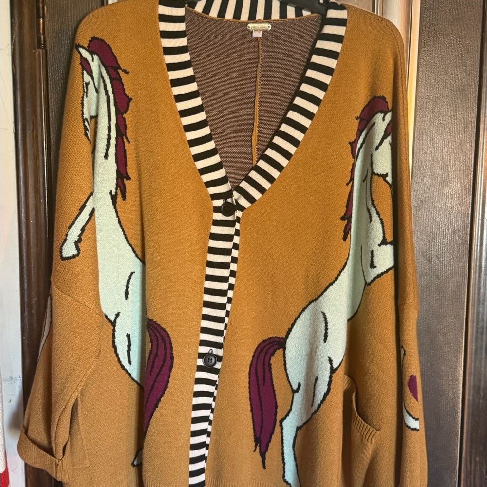 Alice + Olivia Brown Horse Cardigan with Stripes